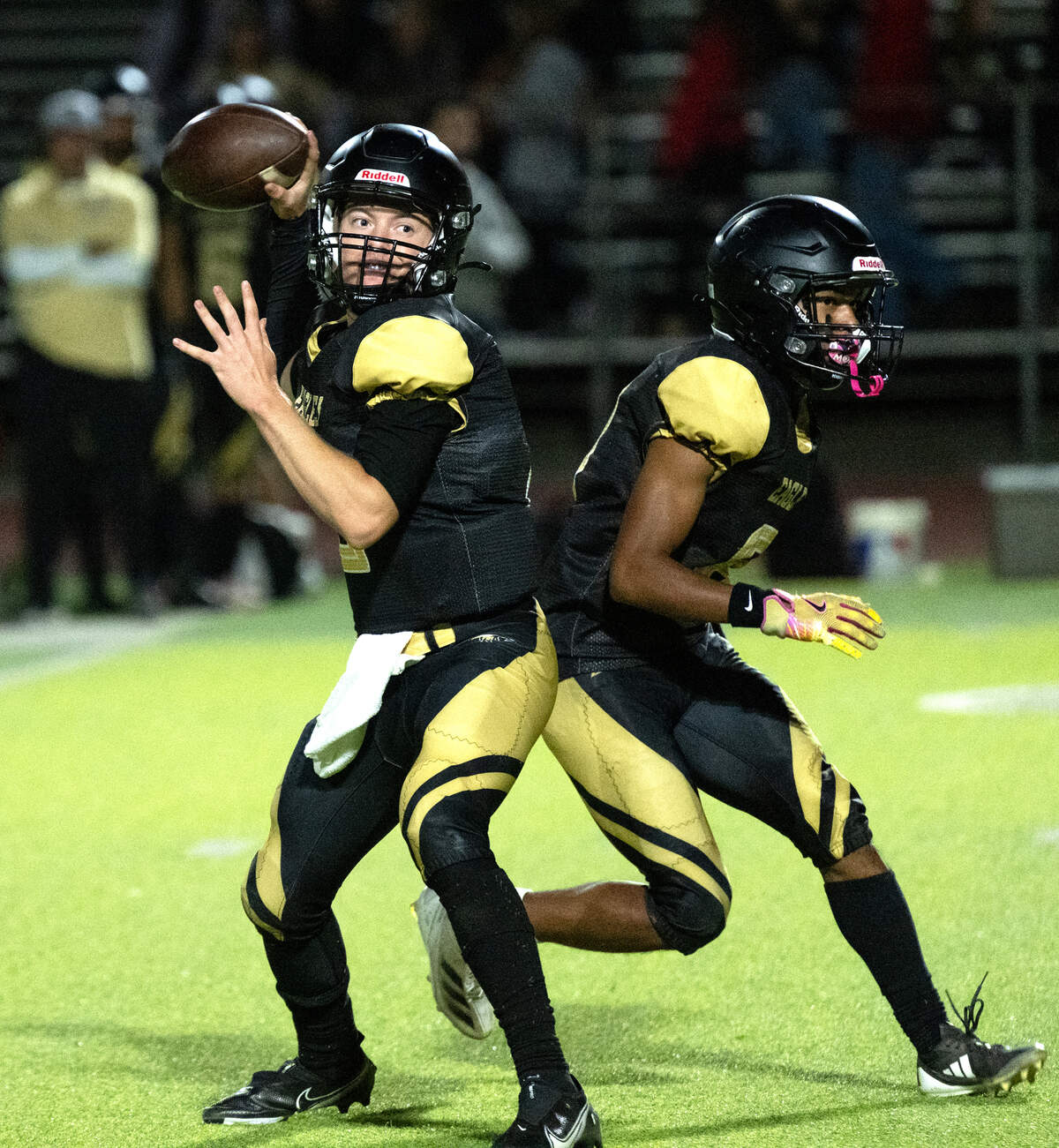 Enochs quarterback Johnny Staggs throws the ball during the game with Beyer at Downey High School in Modesto, Calif., Friday, Aug. 23, 2024.