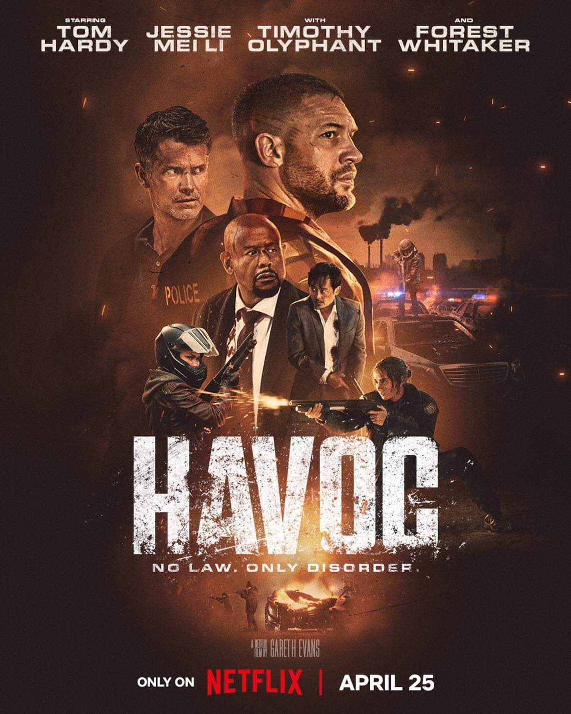 Timothy Olyphant is top left in the poster for ‘Havok,’ premiering April 25, 2025, on Netflix.