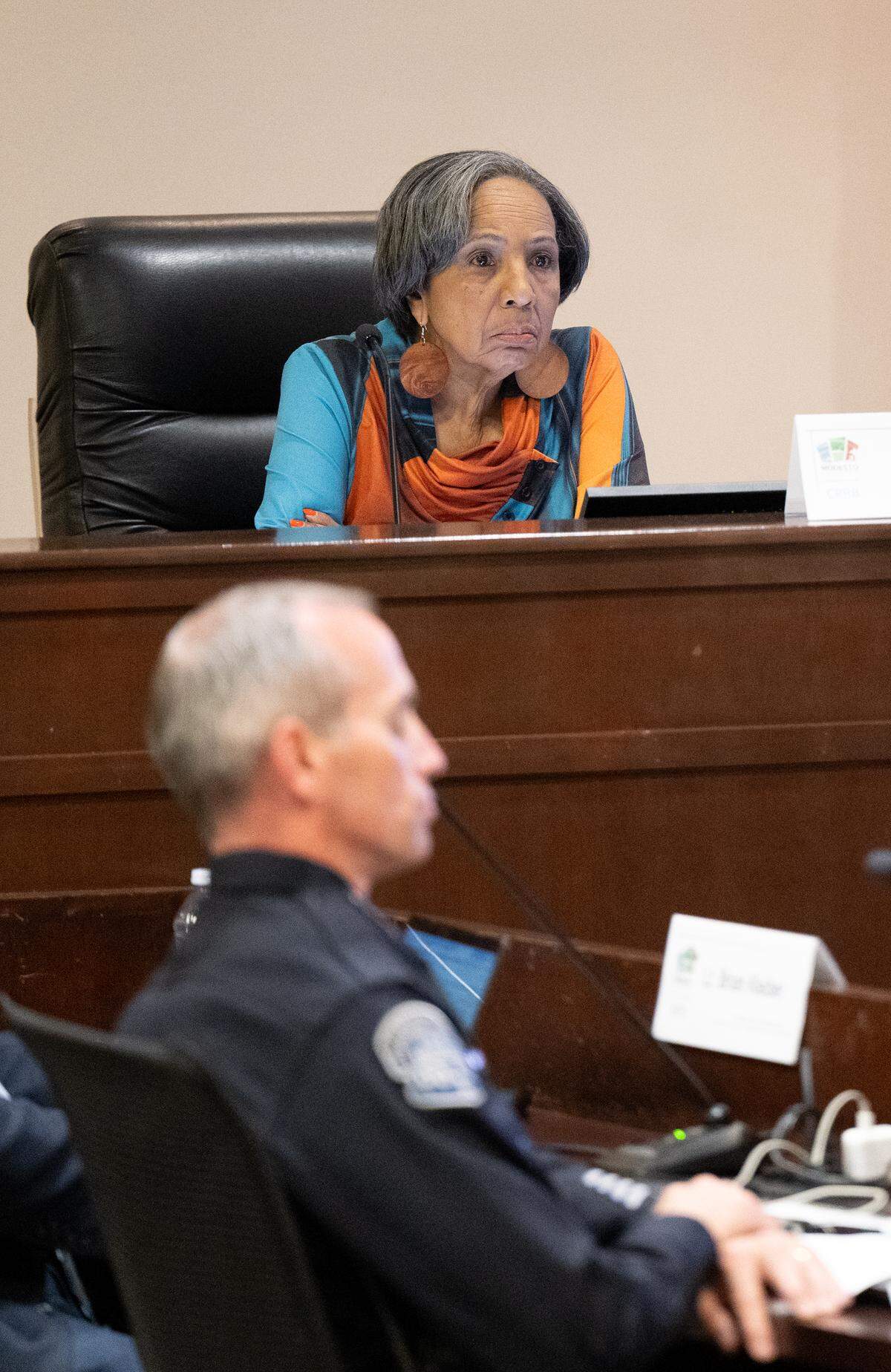 CPRB board member Wendy Byrd listens to public comment at the Community Police Review Board meeting at 10th Street Place in Modesto, Wednesday, June 18, 2025.