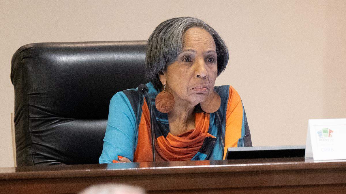 CPRB board member Wendy Byrd listens to public comment at the Community Police Review Board meeting at Tenth Street Place in Modesto on  Wednesday, June 18, 2025.
