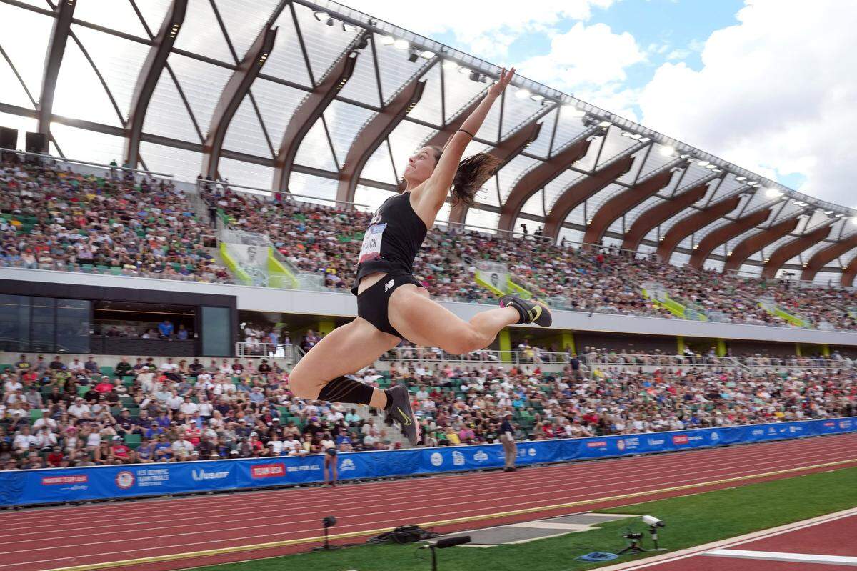 Nicole Warwick of Azusa Pacific places sixth in the women’s long jump at 21-8 1/4 (6.61m) during the US Olympic Team Trials at Hayward Field in Eugene, Oregon, June 29, 2024.