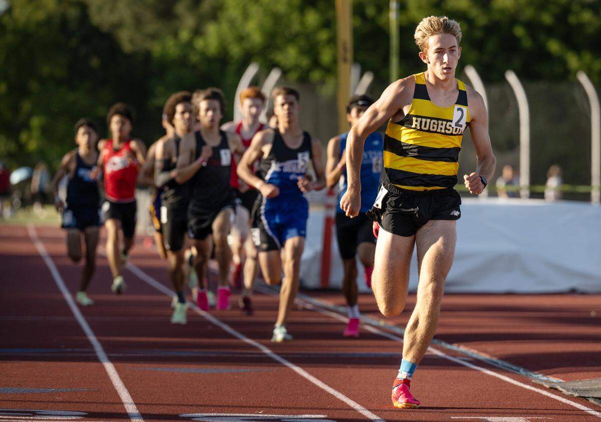 Hughson’s Joe Lighthall dominated the field in the boys 800 meter race at the CIF Sac-Joaquin Section Masters track finals at Davis High School in Davis, Calif., Saturday, May 20, 2023. Lighthall finished with a time of 1:53.41.