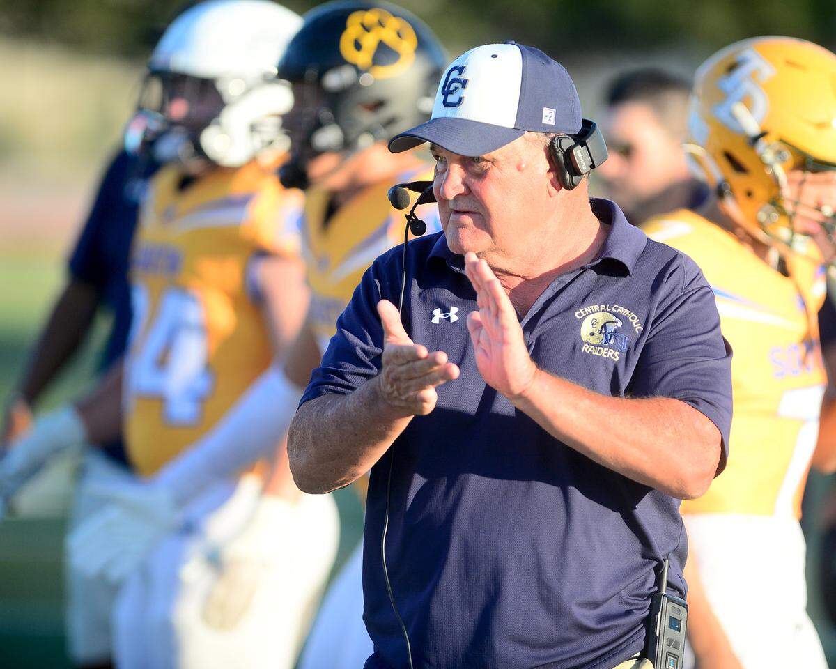 South Team co-head coach Roger Canepa celebrates on the sideline during the 2024 Lions All-Star High School Football game at Tracy High School in Tracy, Calif. on June 22, 2024.