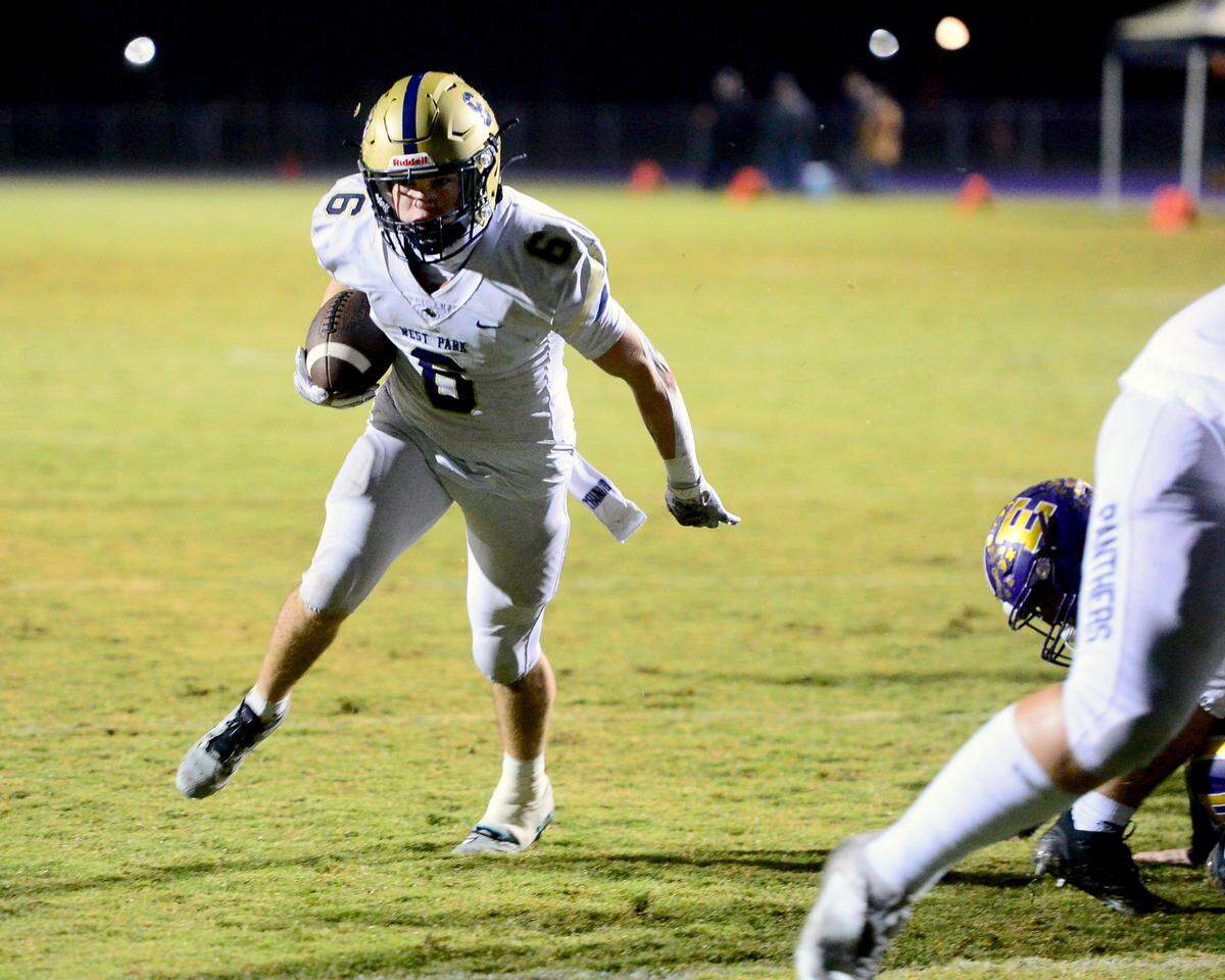 West Park running back Westin Wade (6) skips into the end zone to score a touchdown during a 2023 CIF San Joaquin Section Division IV football game between Escalon and West Park at Escalon High School in Escalon, California, on Nov. 17, 2023. Escalon won the game 48-28.
