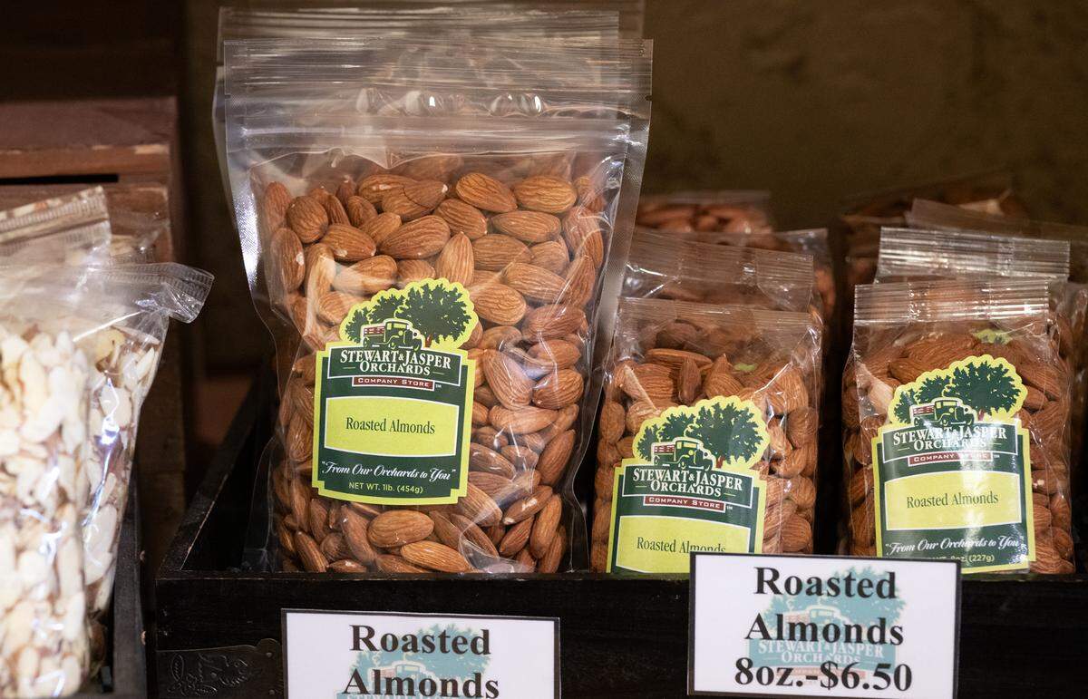 Roasted almonds at the Stewart & Jasper Orchards company store in Newman, Wednesday, Oct. 9, 2024.