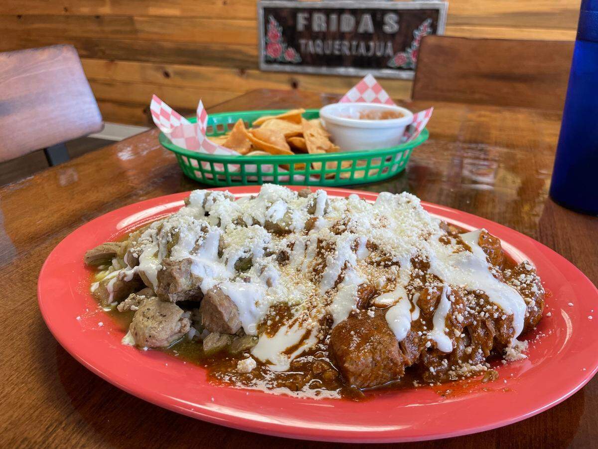 Morisqueta is a pork dish served over white rice and beans with either red and green sauce, in this case both. This specialty from Michoacan is served at Frida’s Taqueria Ajua on Rumble Road in Modesto.