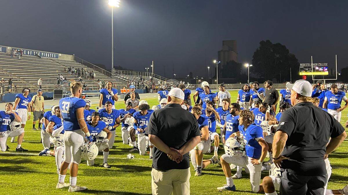 Modesto Junior College linebacker Peyton Bradford addresses the team after a 26-25 loss to Laney College in the season opener on Saturday, Sept. 3, 2022.