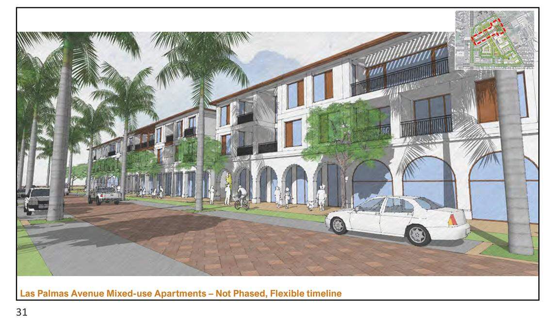 Two stories of apartments sit atop storefronts in this rendering from a plan by the Del Puerto Health Care District in Patterson. The site also would have a hospital, medical offices, senior care and other uses. The district board voted Dec. 8, 2025, to submit the plans for city approval.