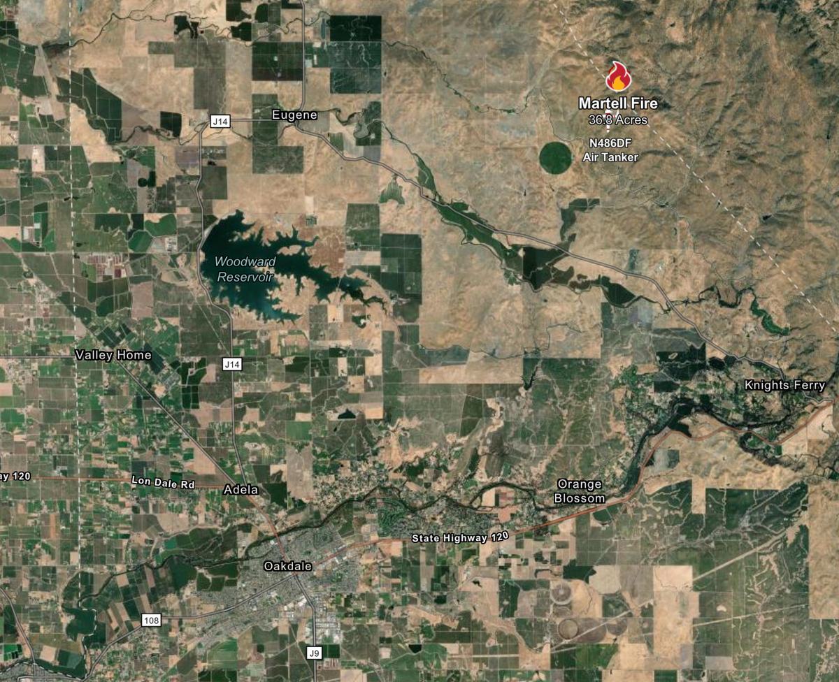 A screenshot of a California Department of Forestry and Fire Protection map of where the Martell Fire is located on Friday, Sept. 26, 2025