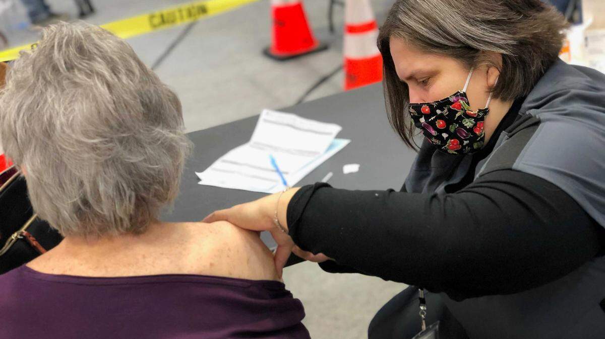 COVID-19 vaccination clinic at California State University, Stanislaus in Turlock, Calif., on Thursday, Jan. 21, 2021.