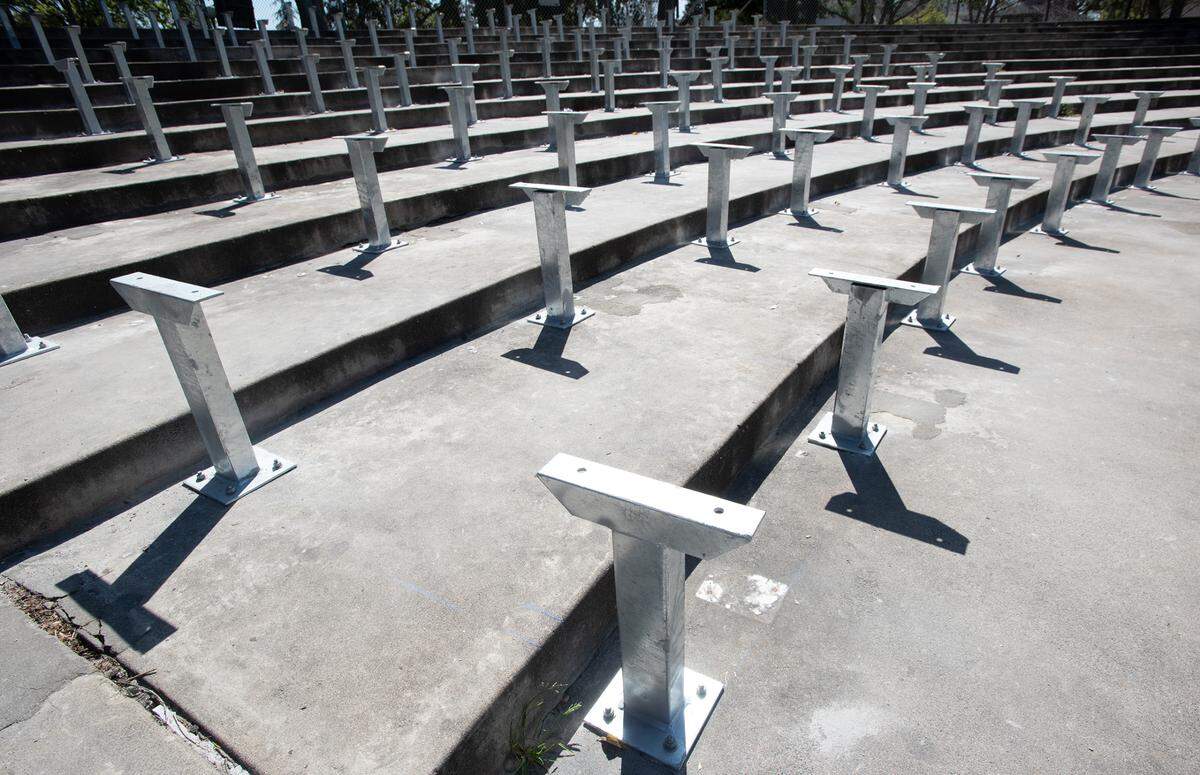 New seating is being installed at Mancini Bowl in Graceada Park in Modesto, Calif., Tuesday, April 4, 2023.