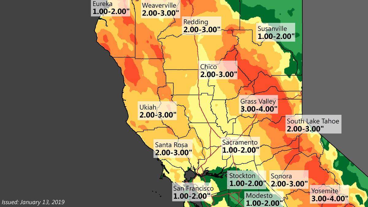 The National Weather Service precipitation forecast for Wednesday and Thursday, Jan. 16-17, 2019.