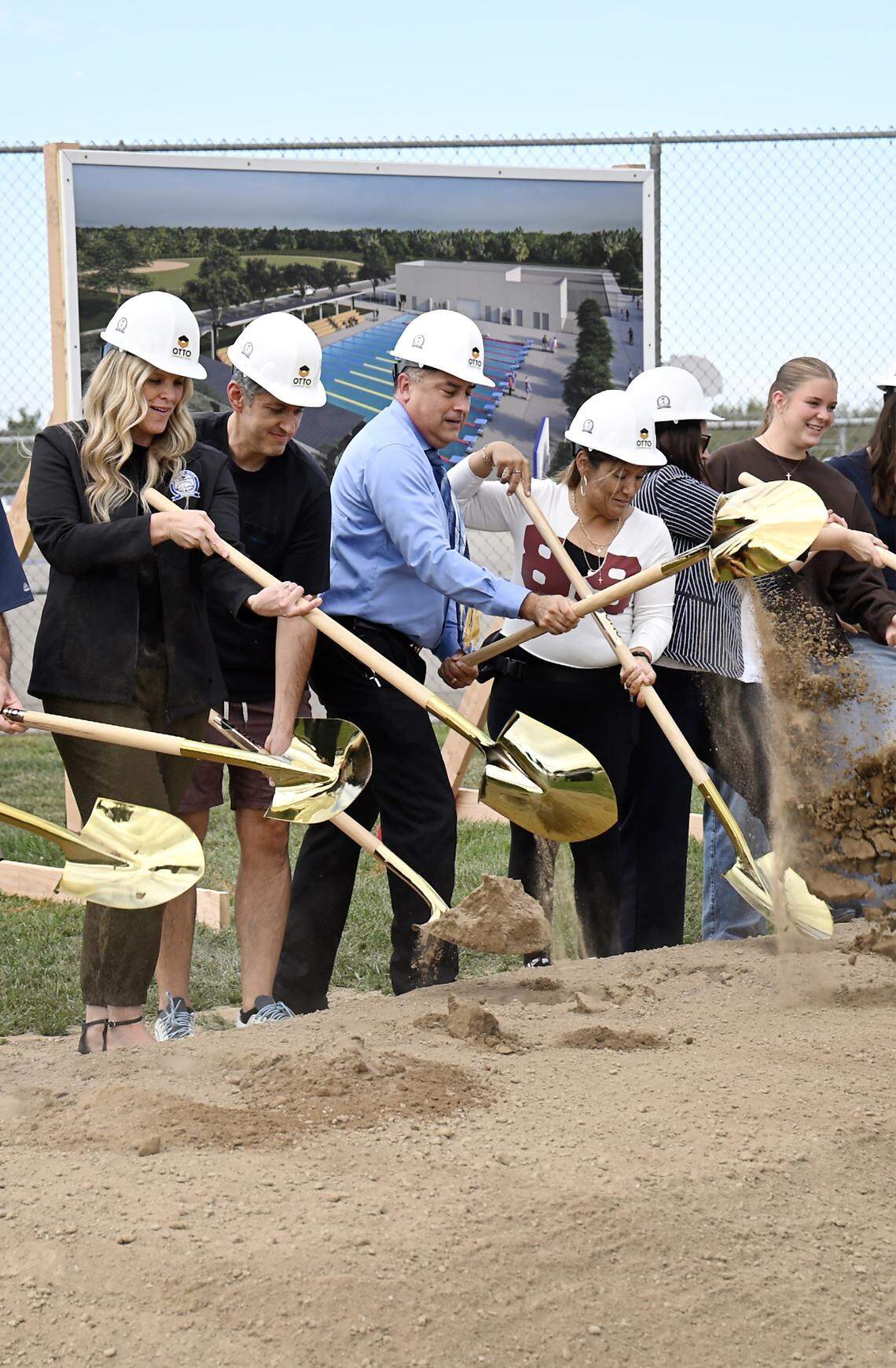 Officials and staff members break ground on the new aquatic center at Gregori High School in Salida, Wednesday, Oct. 1 2025. 