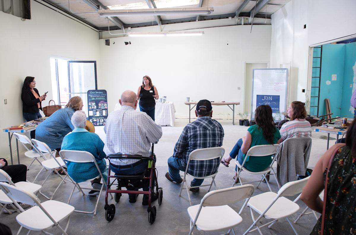 East Stanislaus Resource Conservation District Executive Director Trina Walley speaks to a group during an open house for the SOILS Center in Ceres, Calif., on Thursday, September 22, 2022. The SOILS Center name stands for Stewardship of Irrigated Lands and Soil and will educate landowners on soil fertility, pest management, water conservation and related topics.