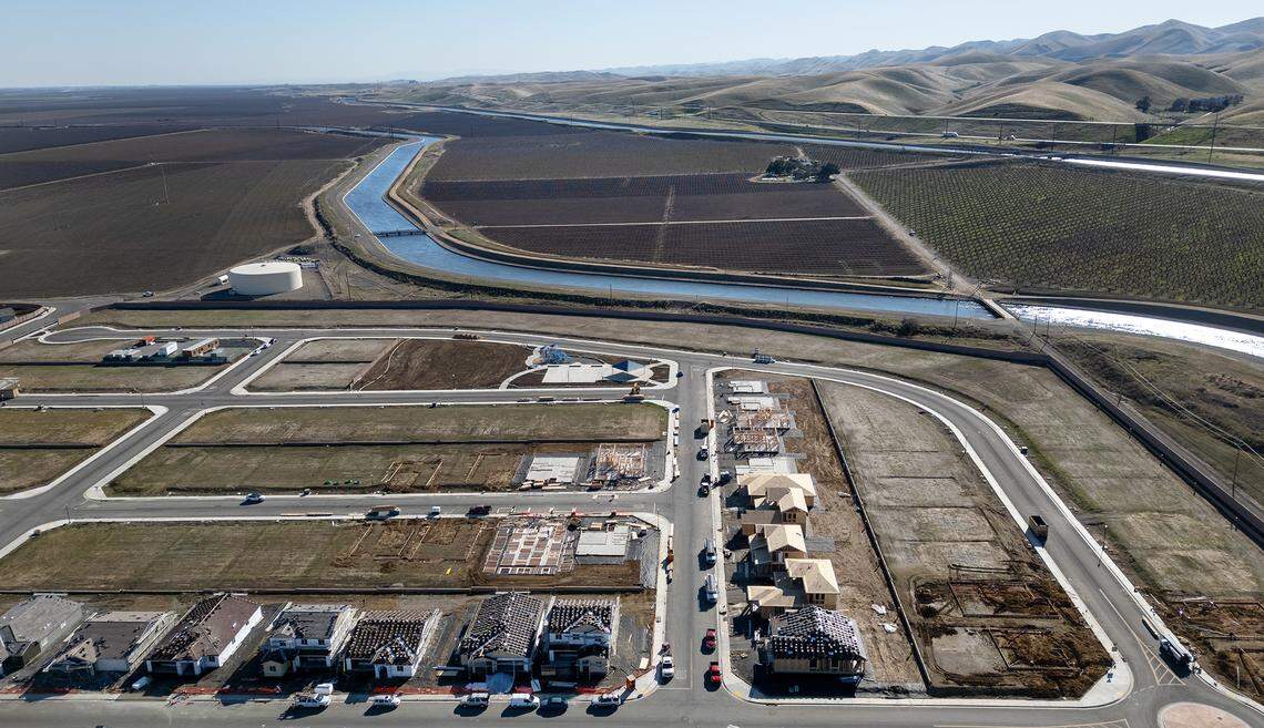 The Baldwin Ranch housing development is bordered on the west side by the Delta-Mendota Canal and the California Aqueduct in Patterson, Calif., Monday, Jan. 27, 2025.