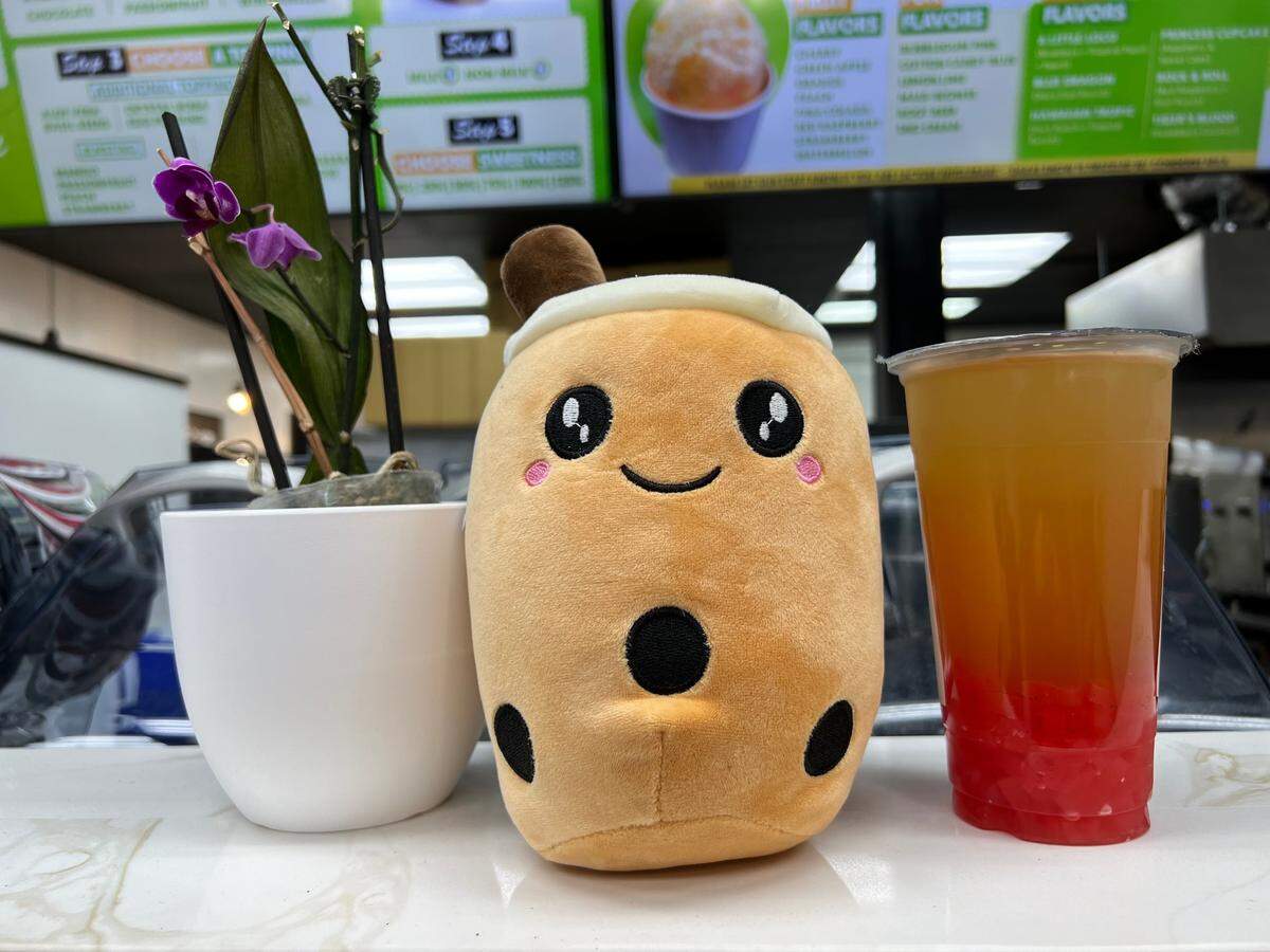 Jasmine tea with lychee and strawberry popping boba from Tealite Drinks and Snow in Modesto, Calif.
