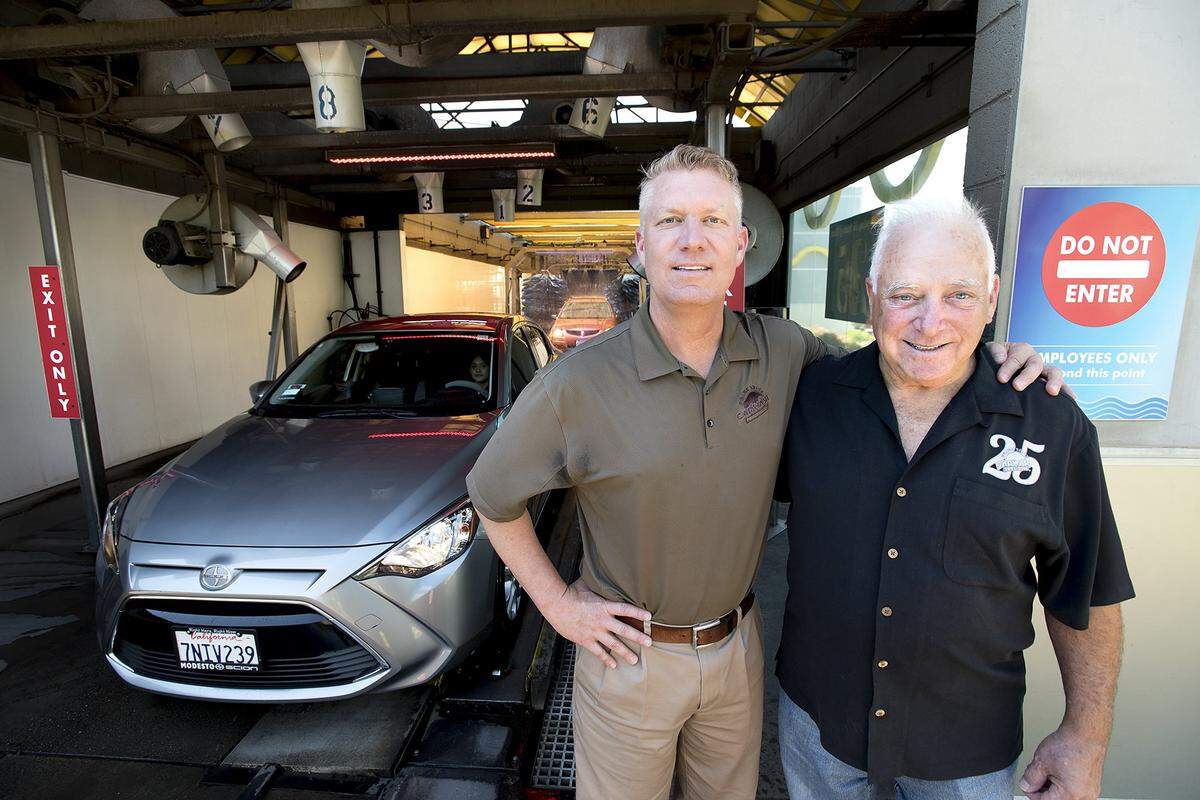 Evan, left, and Norm Porges at Prime Shine car wash in Modesto, Calif., on Wednesday, August 31, 2016.