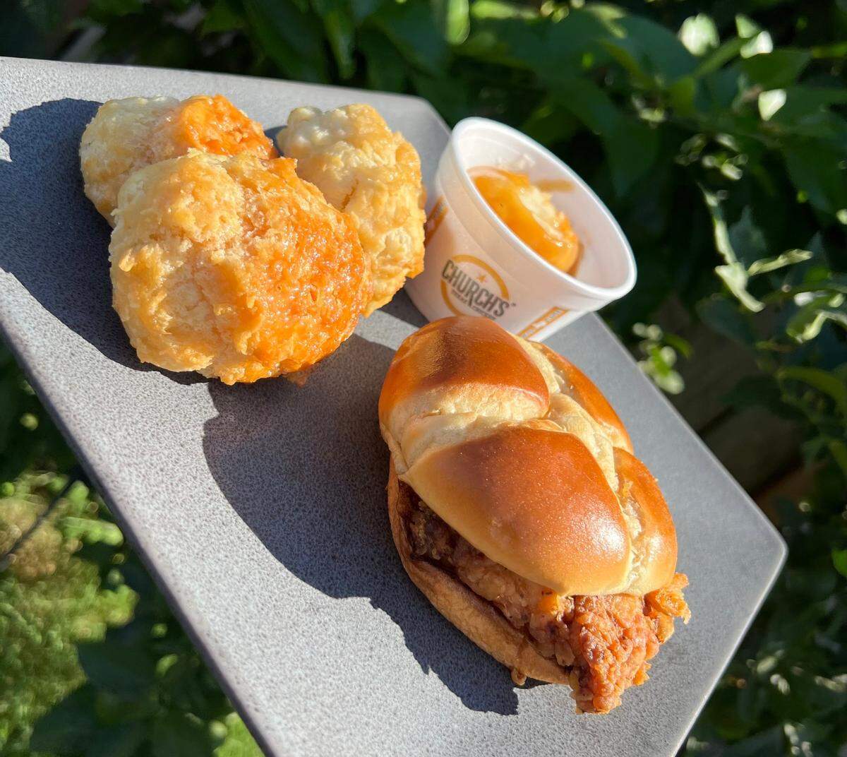 A spicy chicken sandwich with mashed potatoes and honey butter biscuits from Church’s Texas Chicken in Modesto, Calif.
