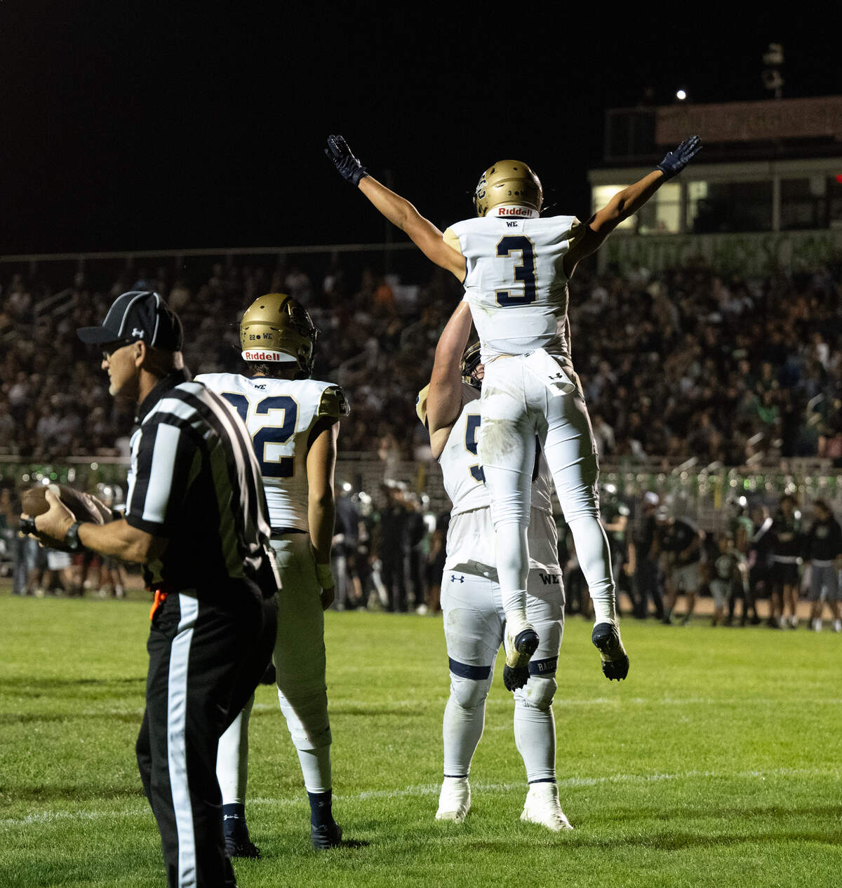 Central Catholic’s Joseph Stewart celebrates a touchdown during the Valley Oak League game with Manteca at Lathrop High School in Lathrop, Calif., Friday, Sept. 27, 2024.