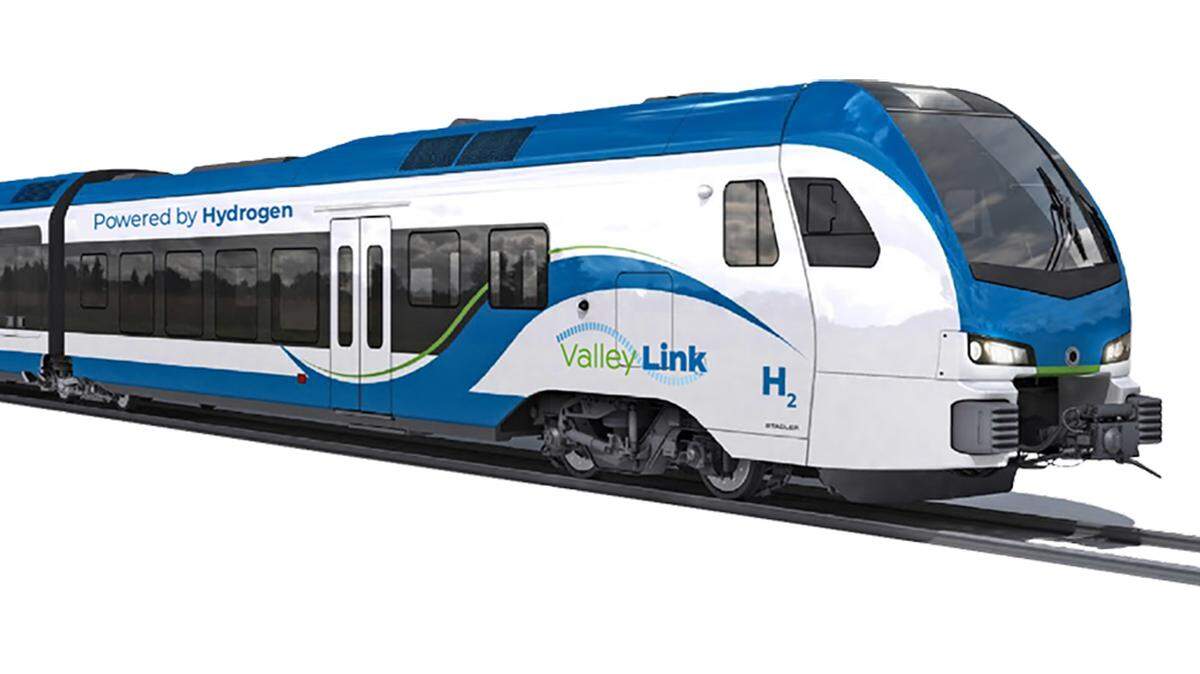 A rendering shows the possible design for the Valley Link trains between Lathrop and Dublin BART. The planners are considering using hydrogen rather than diesel to reduce carbon emissions.