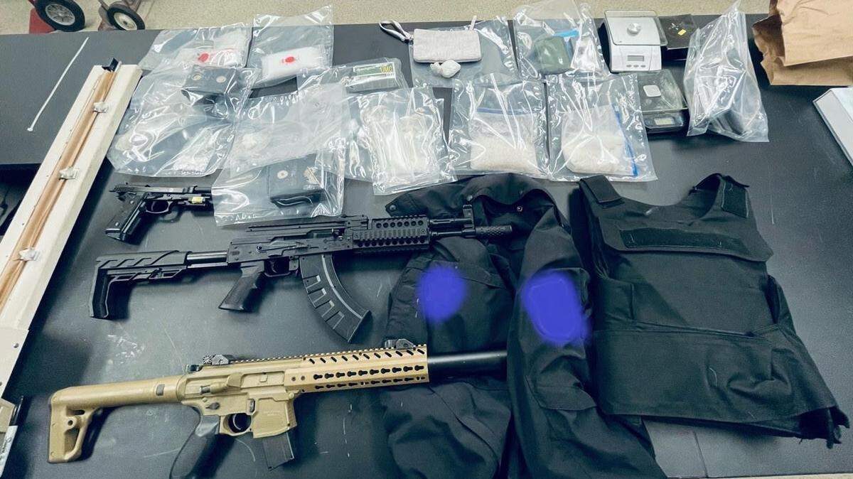 Some of the drugs, paraphernalia, replica weapons and other items seized during a search by the Turlock Police Department.