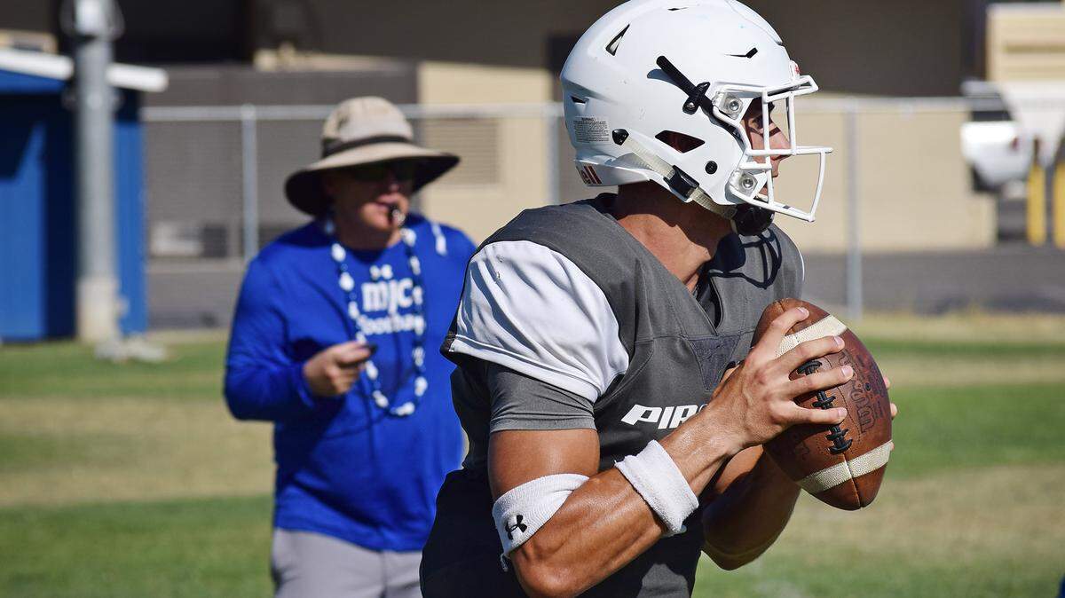 Modesto Junior College redshirt sophomore quarterback Danny Velasquez prepares to deliver a pass at practice on Tuesday, Sept. 3, 2019 at Modesto Junior College