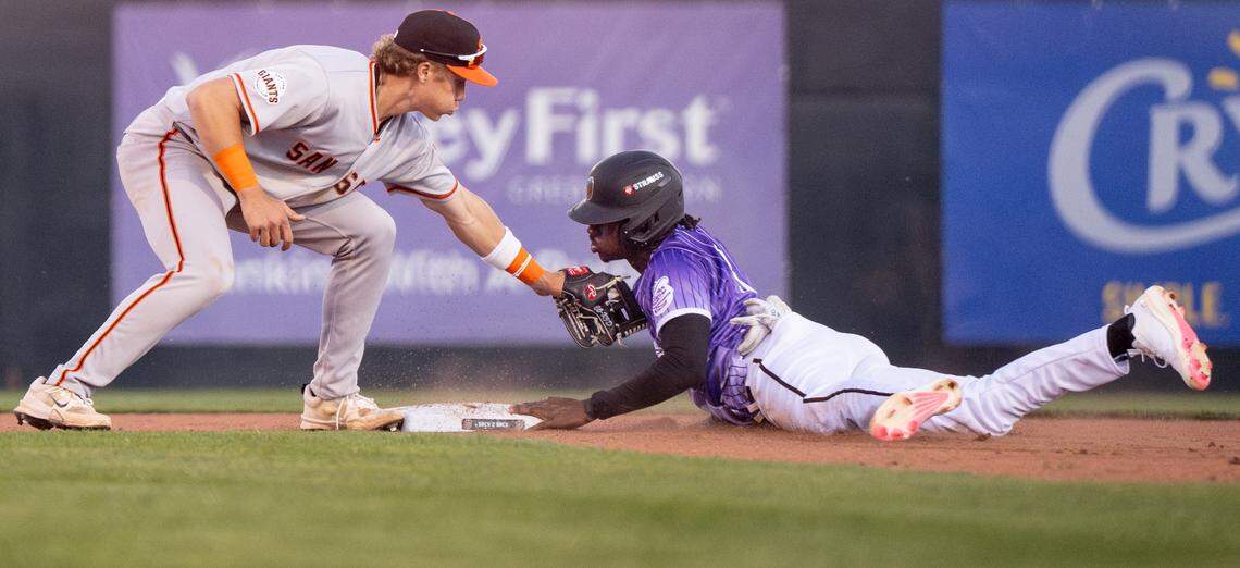 Modesto Nuts’ Felnin Celesten steals second base during the 2025 season opener against the San Jose Giants at John Thurman Field in Modesto, Friday, April 4, 2025.