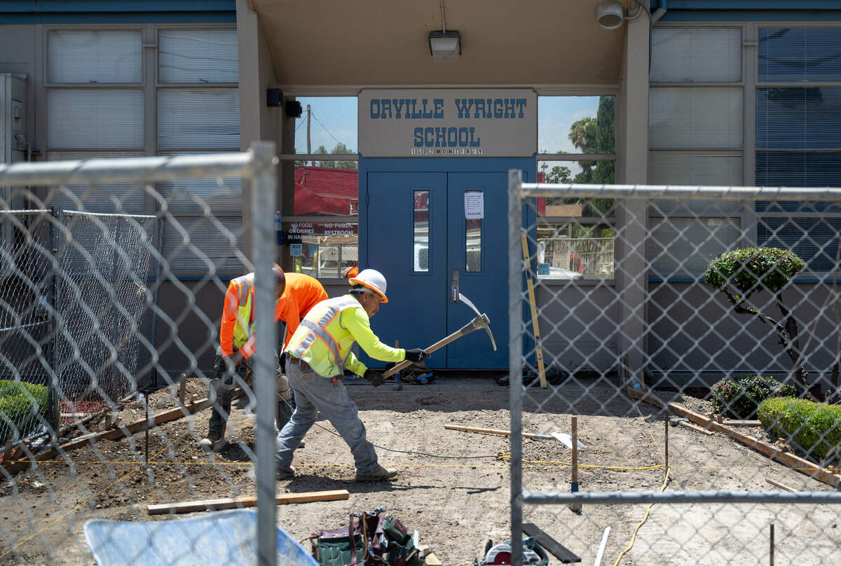 Workers prepare the ground for a new concrete entry to Orville Wright Elementary School in Modesto, Calif., Tuesday, June 25, 2024.