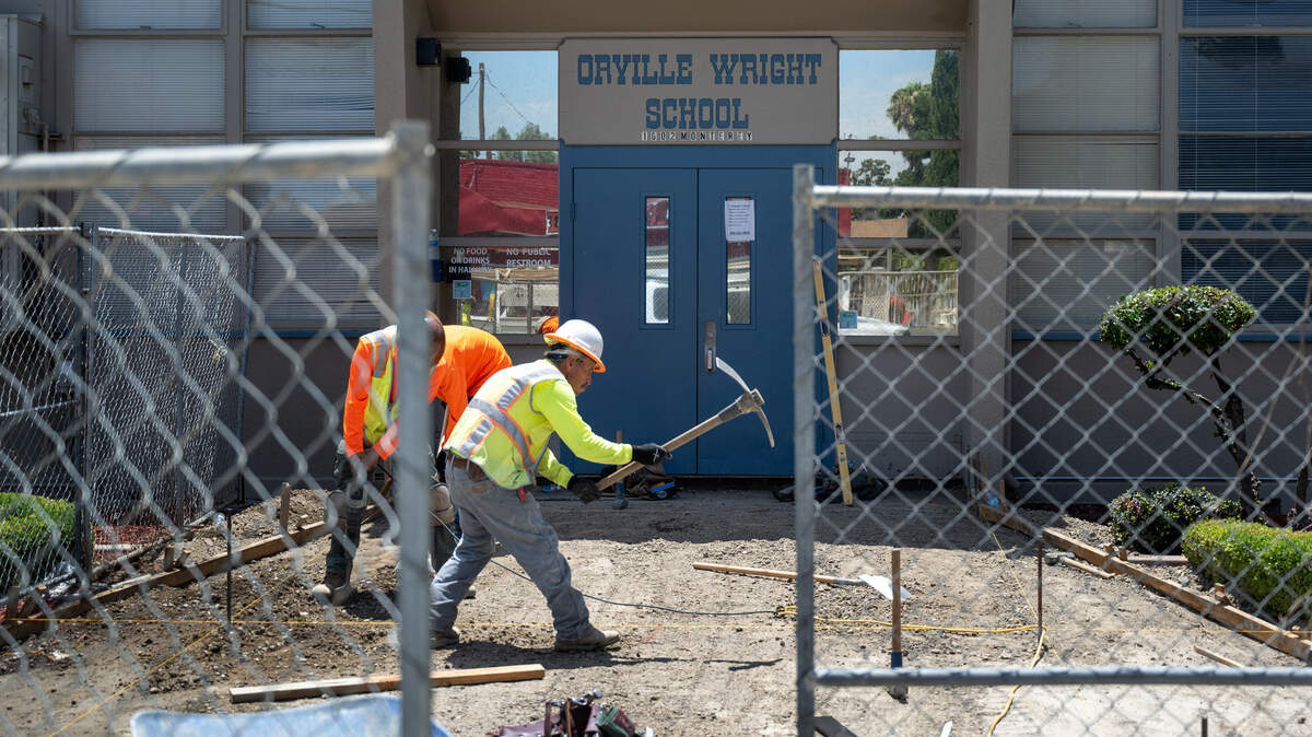 Workers prepare the ground for a new concrete entry to Orville Wright Elementary School in Modesto, Calif., Tuesday, June 25, 2024.