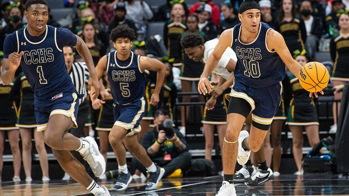 Central Catholic’s Armaan Grewal takes the ball up the court in the boys Sac-Joaquin Section Division 3 final with Vanden at the Golden 1 Center in Sacramento, Calif., on Saturday, Feb. 26, 2022.