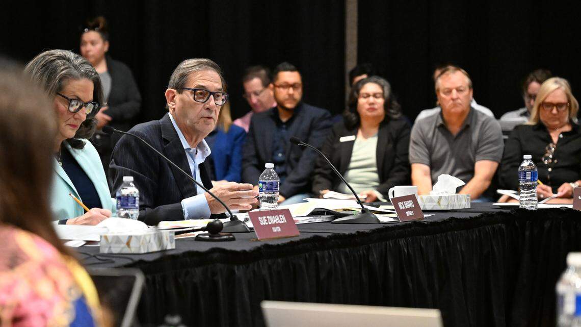 Modesto City Councilmember Nick Bavarro speaks at at a public workshop Wednesday, March 26, 2025, that included updates on bringing a professional soccer team and stadium to Modesto.