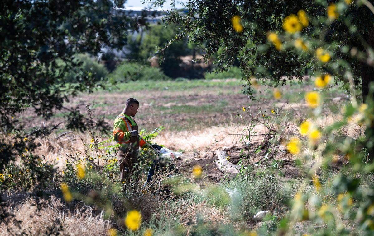 Volunteer Marcos Mendez picks up trash and other garbage during the Operation 9-2-99 clean-up at Gateway Park in Modesto, Calif., on Saturday, July 16, 2022.