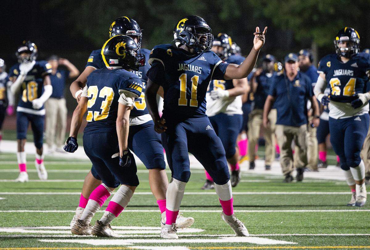 Gregori’s Marcus Sims (11) celebrates stopping Enochs on a fourth and goal during the Central California Athletic League game at Gregori High School in Modesto, Calif., Friday, Oct. 6, 2023.