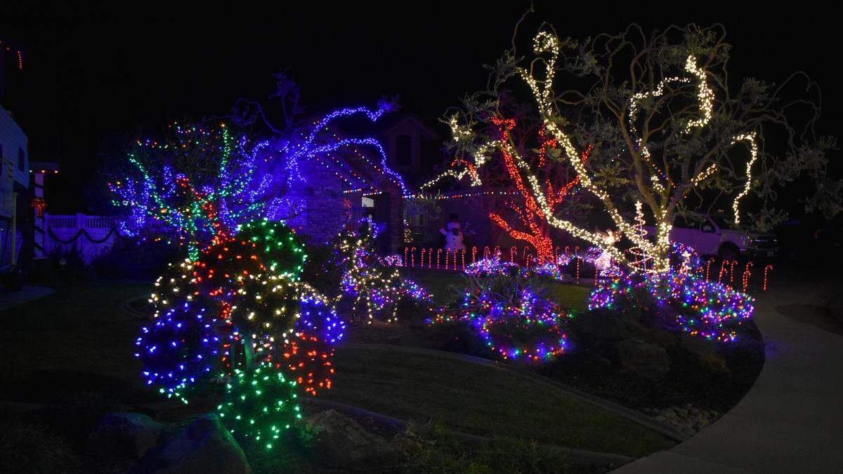 In this photo from December 2020, lighting displays throughout Oakdale’s Atlas Court are synchronized to music that visiting drivers can tune into on their vehicle radios.