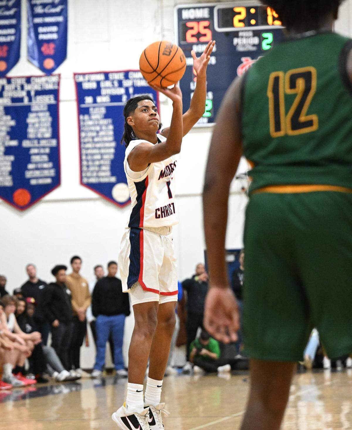Modesto Christian’s Ross Widemon shoots a three-point basket during the Holiday Hoop Classic championship game with Vanden at Modesto Christian High School in Salida, Calif., Saturday, Dec. 30, 2023.