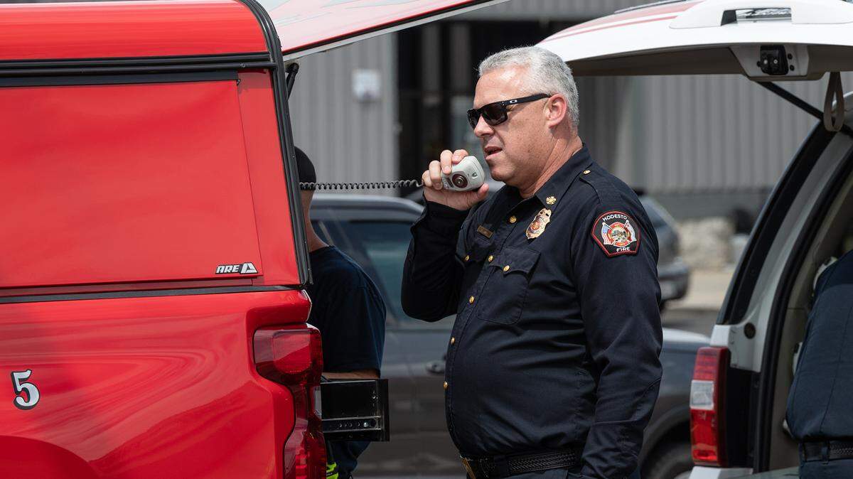Modesto Fire Chief Alan Ernst at the scene of fire at The Salvation Army Family Thrift Store and Donation Center on McHenry Avenue at Bangs Avenue in Modesto, Calif., on Thursday, June 2, 2022.