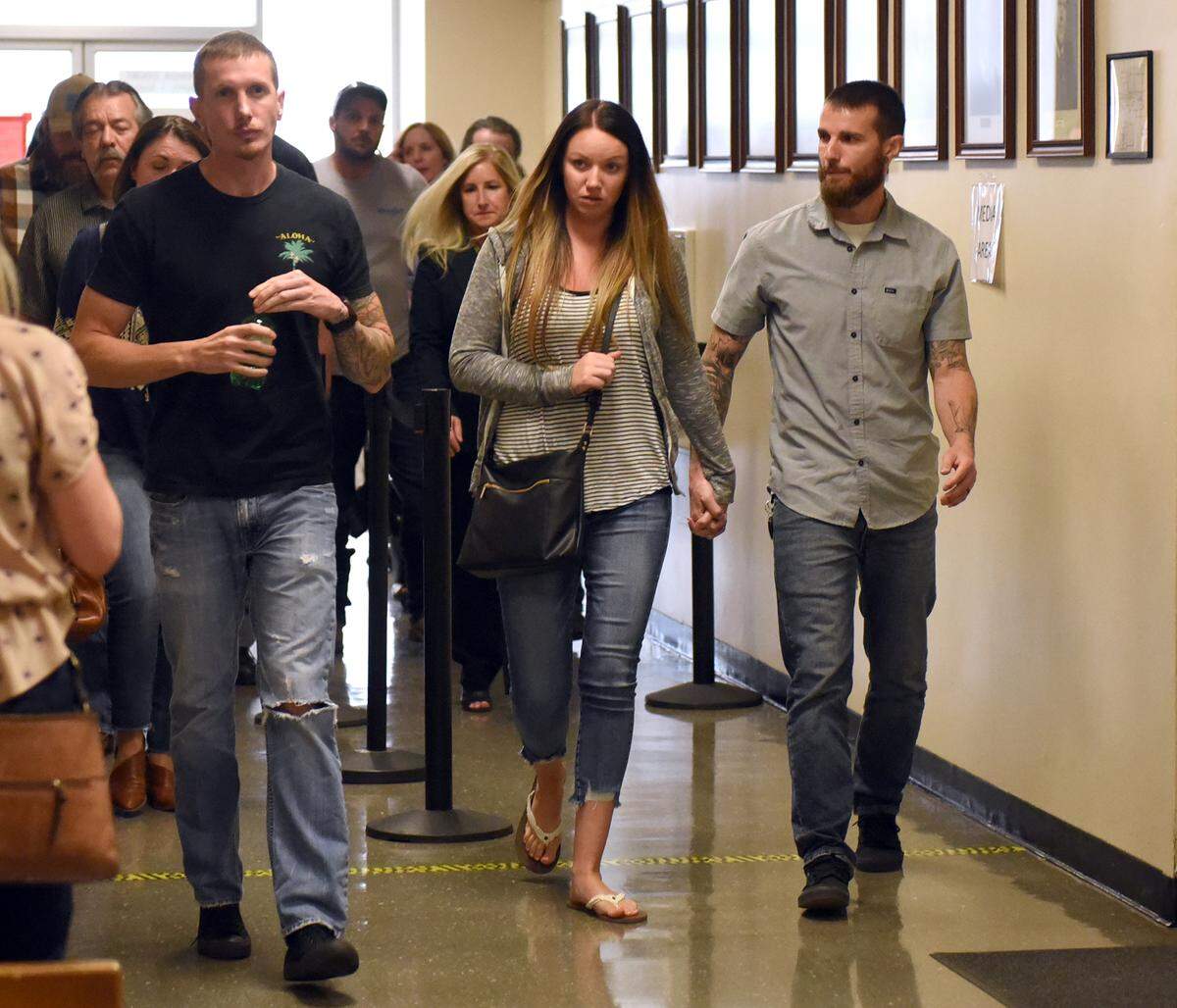 Family and supporters of Korey Kauffman leave the courtroom Friday June 28, 2019 after the verdict in the trial for Frank Carson, Baljit Athwal and Daljit Atwal in Stanislaus County Superior Court in Modesto, Calif.