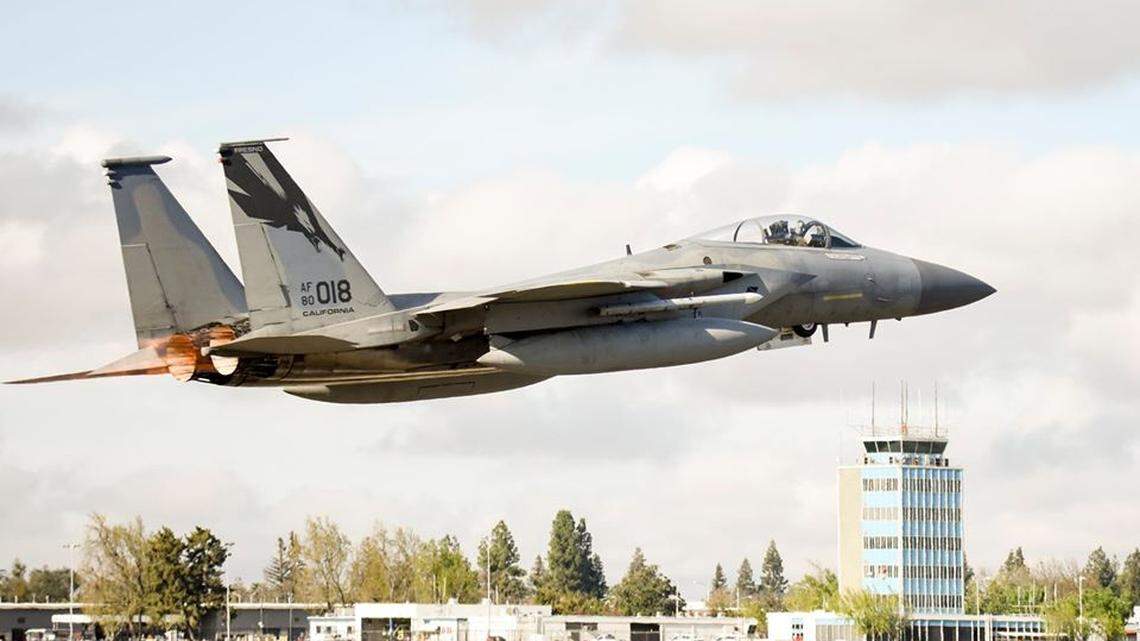 One of four F-15C Eagle fighter jets that will be participating in flyovers throughout California on Wednesday.