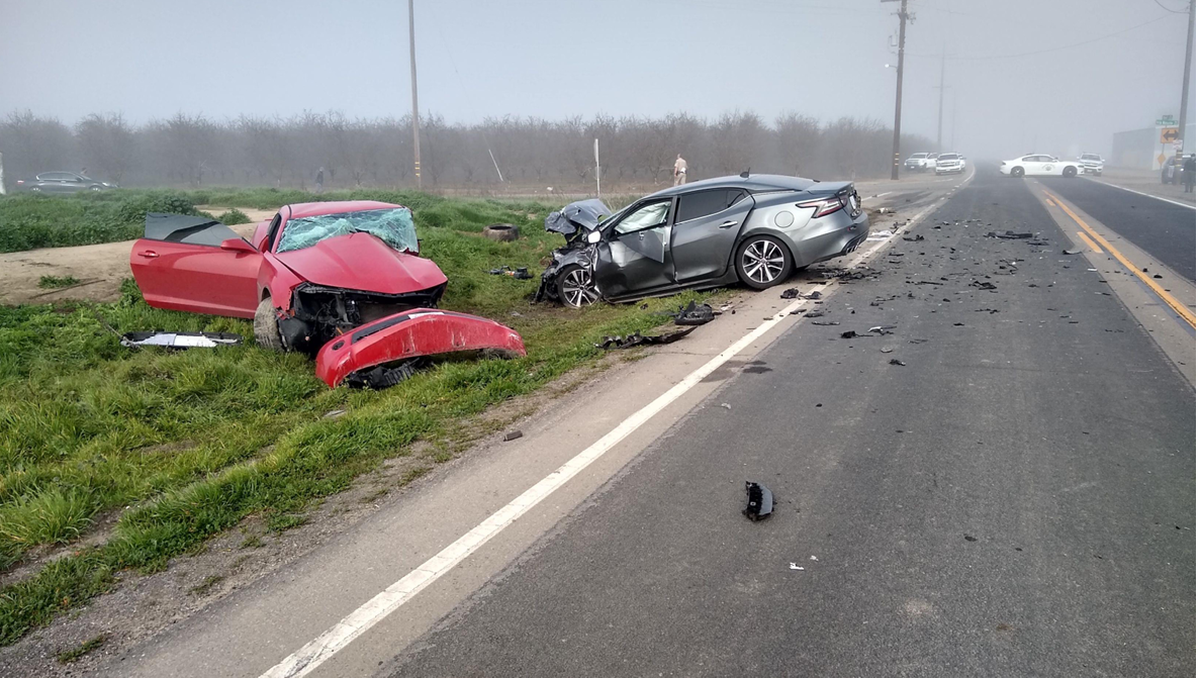 A photo from the scene of a collision published in a court document as part of a lawsuit between the family of Saul Betancourt and Stanislaus County. Betancourt was killed when a Sheriff’s Office car driven by Deputy Eric Fulmer collided with Betancourt’s Chevy Camaro in January 2022.