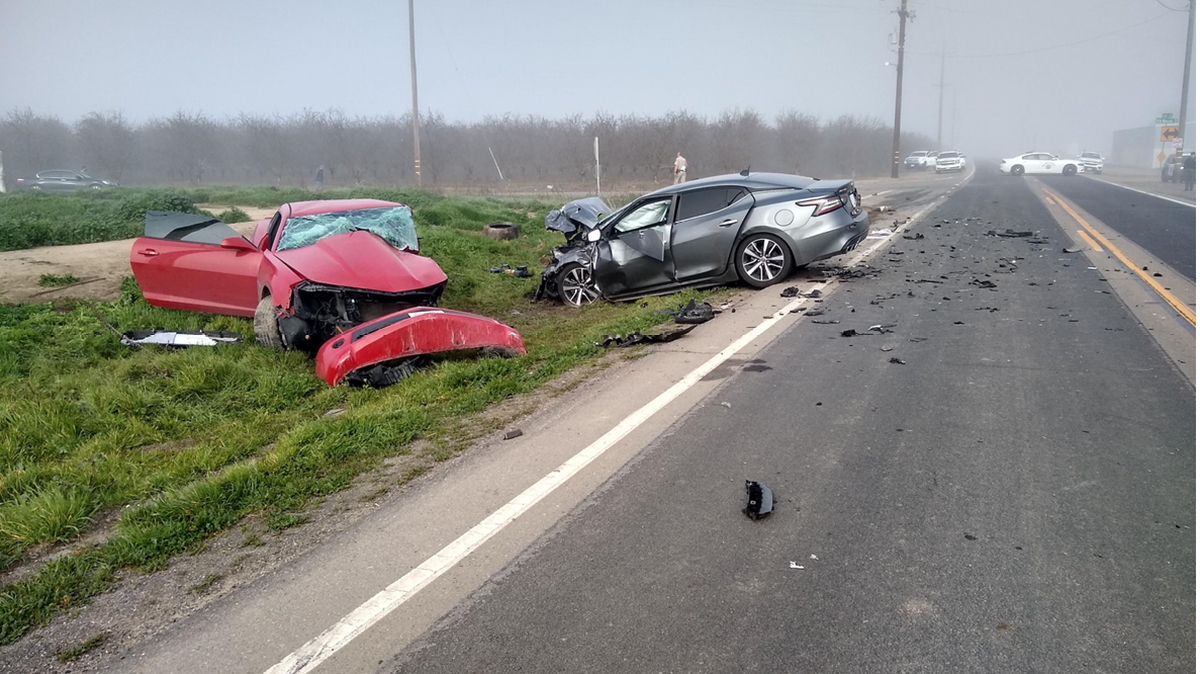 A photo from the scene of a collision published in a court document as part of a lawsuit between the family of Saul Betancourt and Stanislaus County. Betancourt was killed when a Sheriff’s Office car driven by Deputy Eric Fulmer collided with Betancourt’s Chevy Camaro in January 2022.