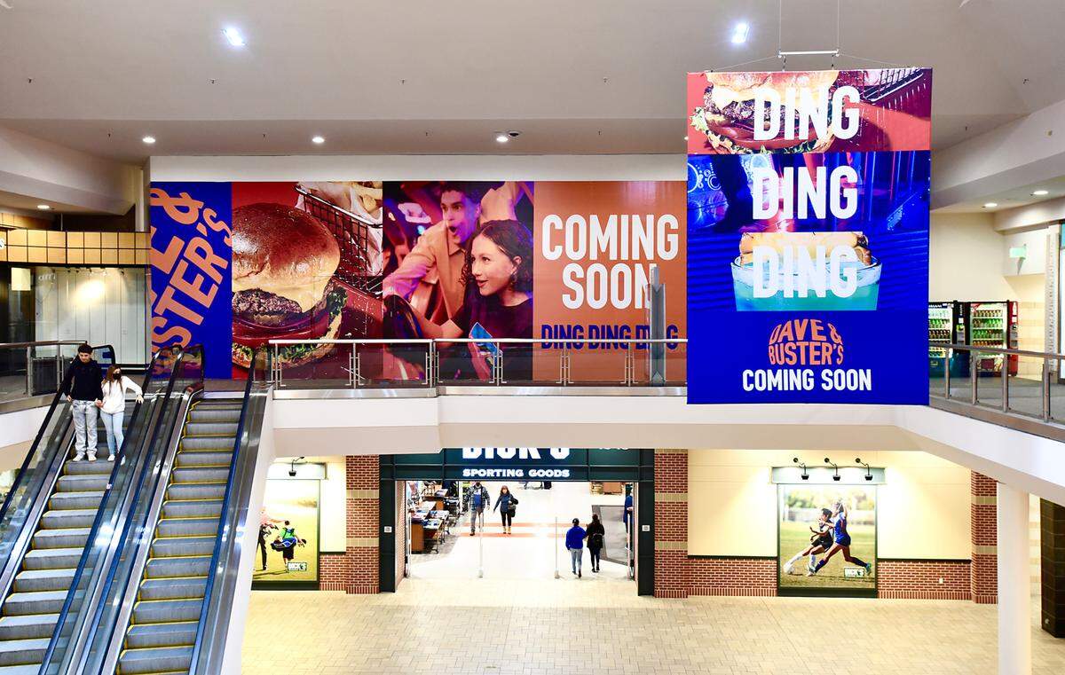 Signage for the Dave & Buster’s entertainment center coming to the Vintage Faire Mall in Modesto, Calif., on Tuesday, Jan. 4, 2022.