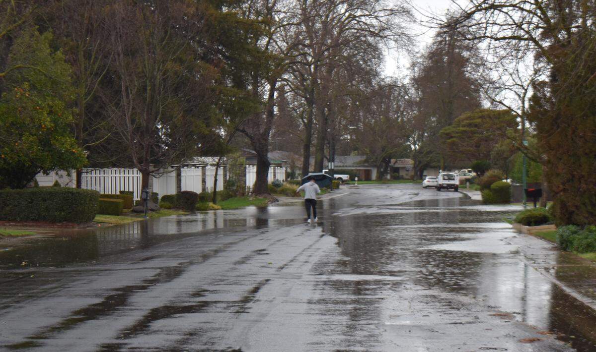 To avoid flooding on Cheshire Lane and its sidewalks, Manny Olmos carefully makes his way down the middle of the north Modesto street on Sunday morning, Feb. 4, 2024.