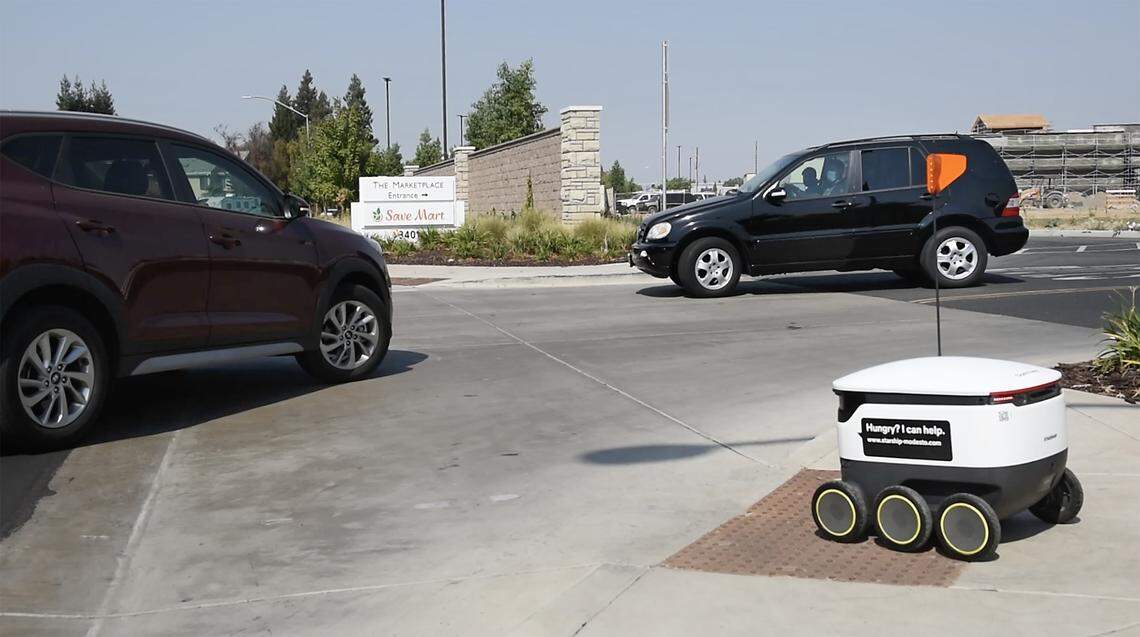 Save Mart supermarkets debut robots, offering touchless grocery delivery in Modesto, Calif., on Tuesday Sept. 29, 2020.. It’s the first U.S. grocery chain to partner with Starship Technologies.
