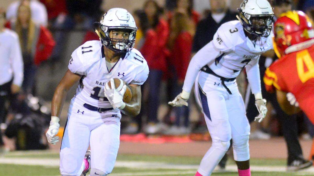 Central Catholic receiver Sithri Price (11) returns a kickoff during a game between Central Catholic and Oakdale at Oakdale High School in Oakdale CA on October 26, 2018