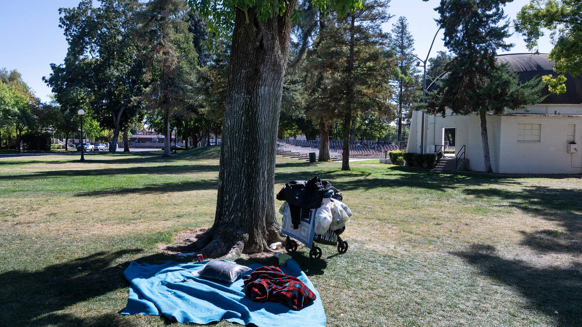 Homeless belongings at Graceada Park in Modesto, Calif., on Wednesday, Sept. 29, 2021.