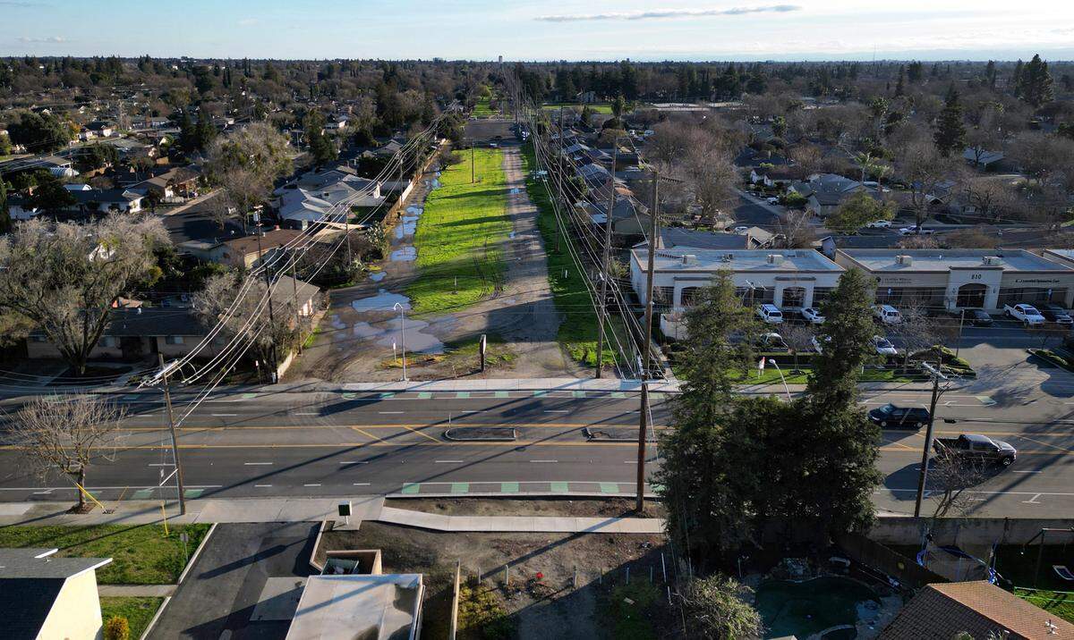 The city expects construction to start this summer on an extension of the Virginia Corridor Trial in Modesto, Calif., which would include a pedestrian bridge spanning Standiford Avenue. Standiford Avenue Tuesday, Jan. 23, 2024.
