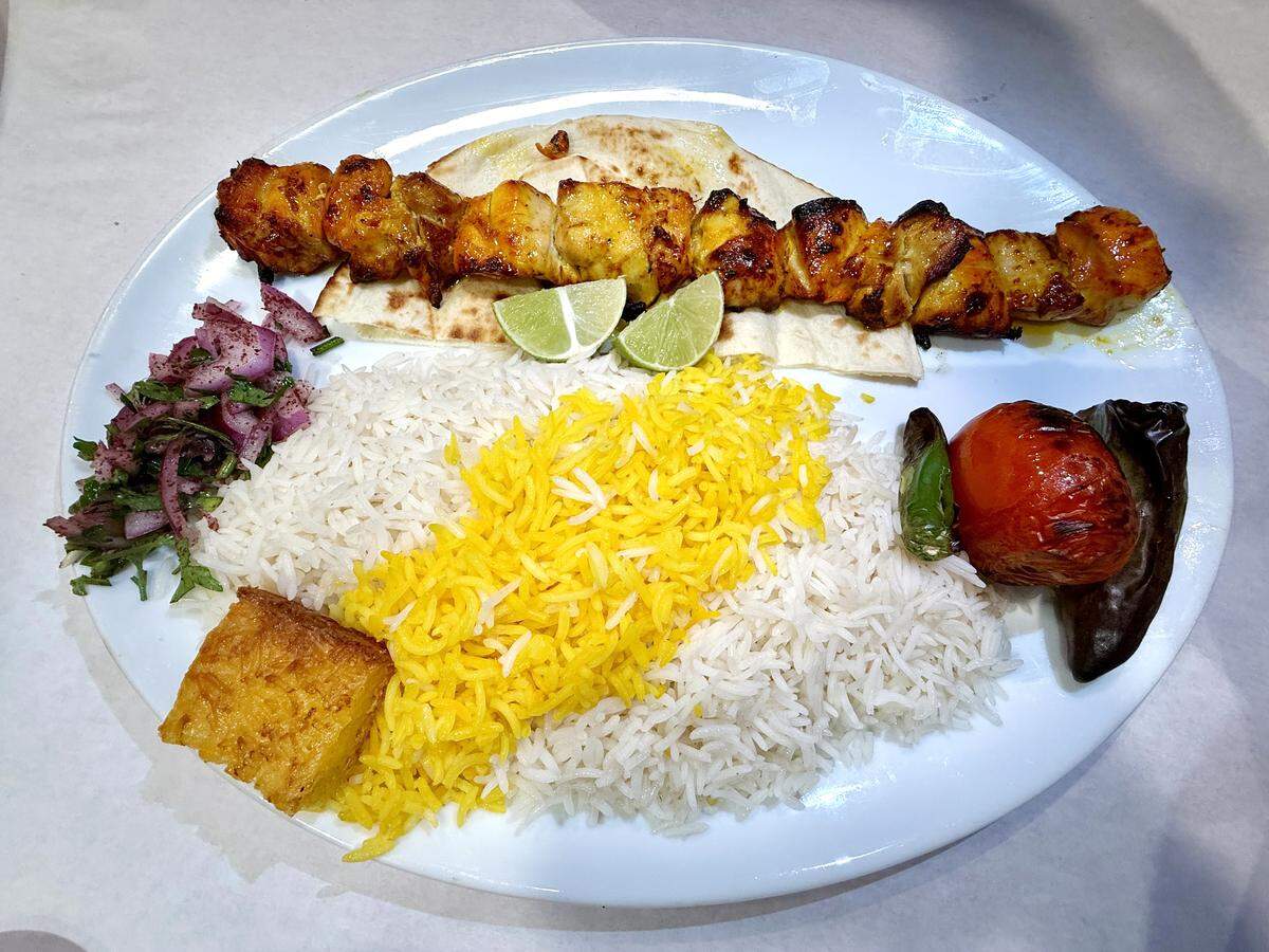 A chicken kabob plate from Nami-No Restaurant & Catering in Turlock on Sunday, Dec. 21, 2025.