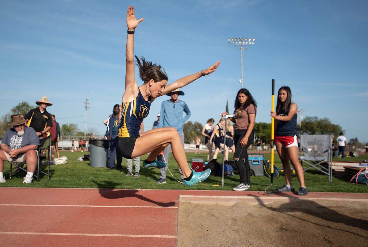 Turlock long jumper Shaylan Roy-Williams placed second with a jump of 16 feet, 7 inches at the Stanislaus County Championships on Friday, March 18, 2022, at Riverbank High School in Riverbank, Calif.
