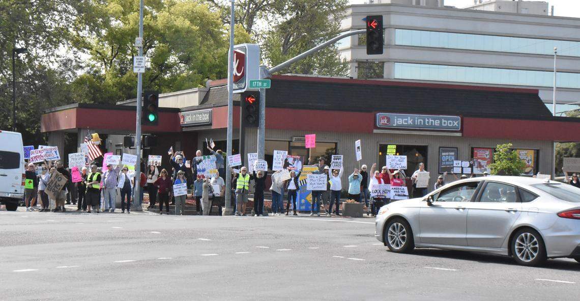 Several hundred people packed all the corners at the Five Points intersection in downtown Modesto on Saturday, April 5, for a Hands Off rally and march. It was part of a nationwide day of action to declare ‘Hands off’ to President Donald Trump and Elon Musk.
