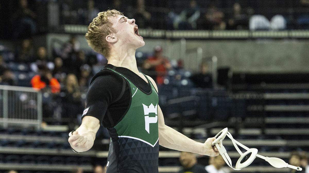 Kendall Larosa of Pitman celebrates his victory over Hassan Khan of Franklin-EG during the 2020 CIF Sac-Joaquin Section Masters Meet at Stockton Arena in Stockton, Calif., on Saturday, Feb. 22, 2020.